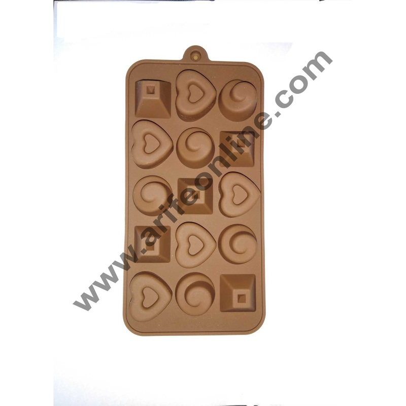 Cake Decor 15-Cavity Mix Hearts,Circle and Blocks Shape Silicone Brown chocolate Moulds