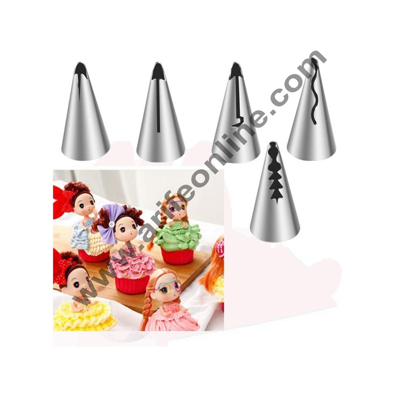 Cake Decor 5 Piece Cake Decorating Set Frosting Frill Nozzle Icing Piping Bag Tips With Steel Nozzles. Reusable & Washable.
