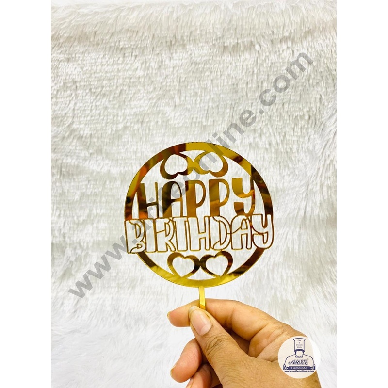 5 inch Round Acrylic Gold Happy Birthday with Four Hearts Design Cake Topper CAKE DECOR