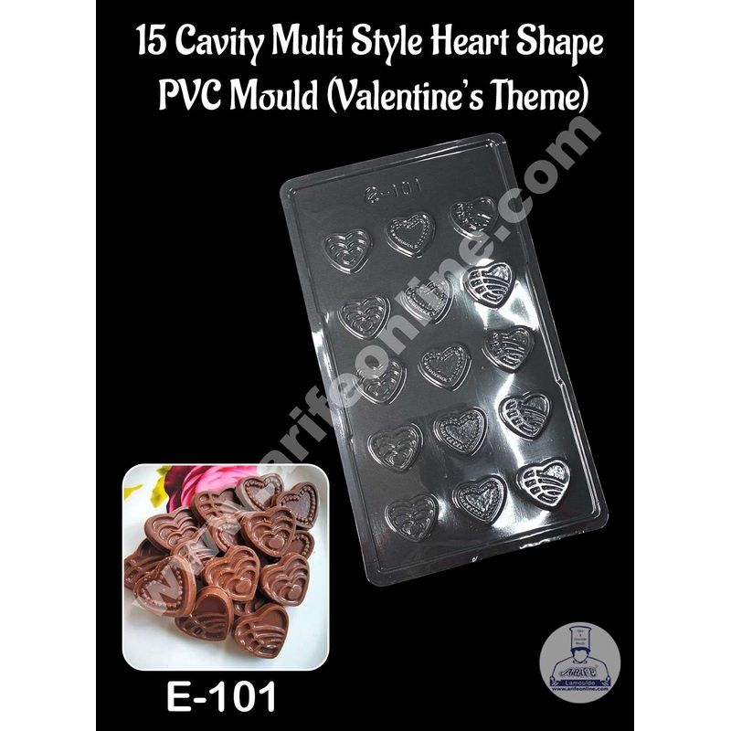 CAKE DECOR 15 Cavity Multi Style Heart Shape PVC Chocolate Mould | Valentine's Theme | E-101 (10 pcs pack)