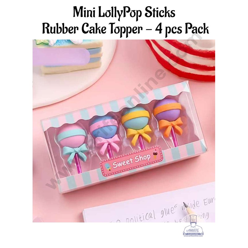 CAKE DECOR 4 Piece Mini LollyPops Rubber Cake Topper - 4 Pcs Set (SBT-R-006)