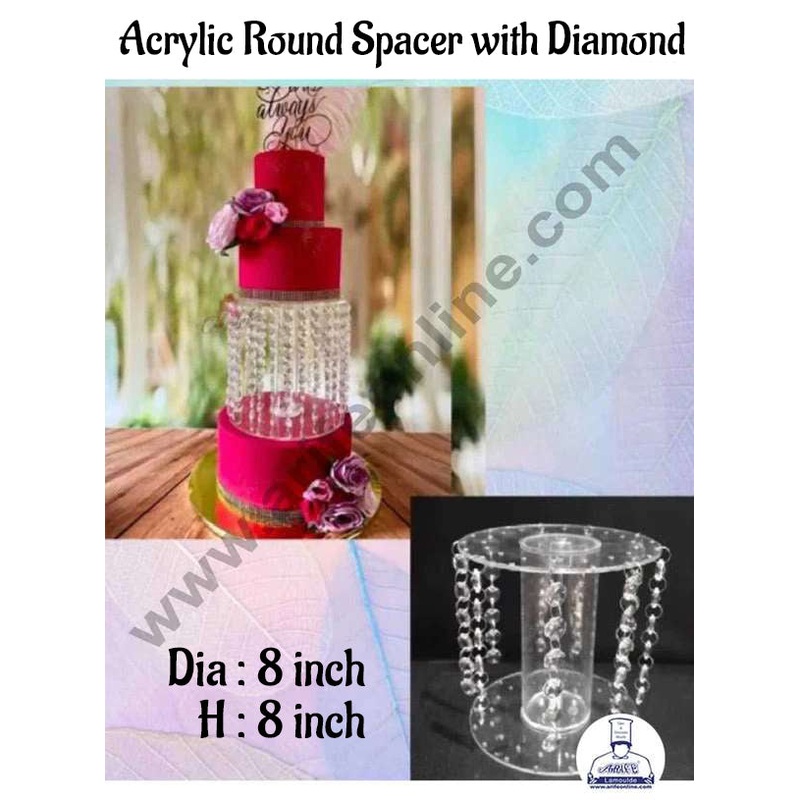 CAKE DECOR Acrylic Round Tier Cake Spacer with Diamond 8 Inch Base & 8 Inch Height (SB-Jhaalar-03)
