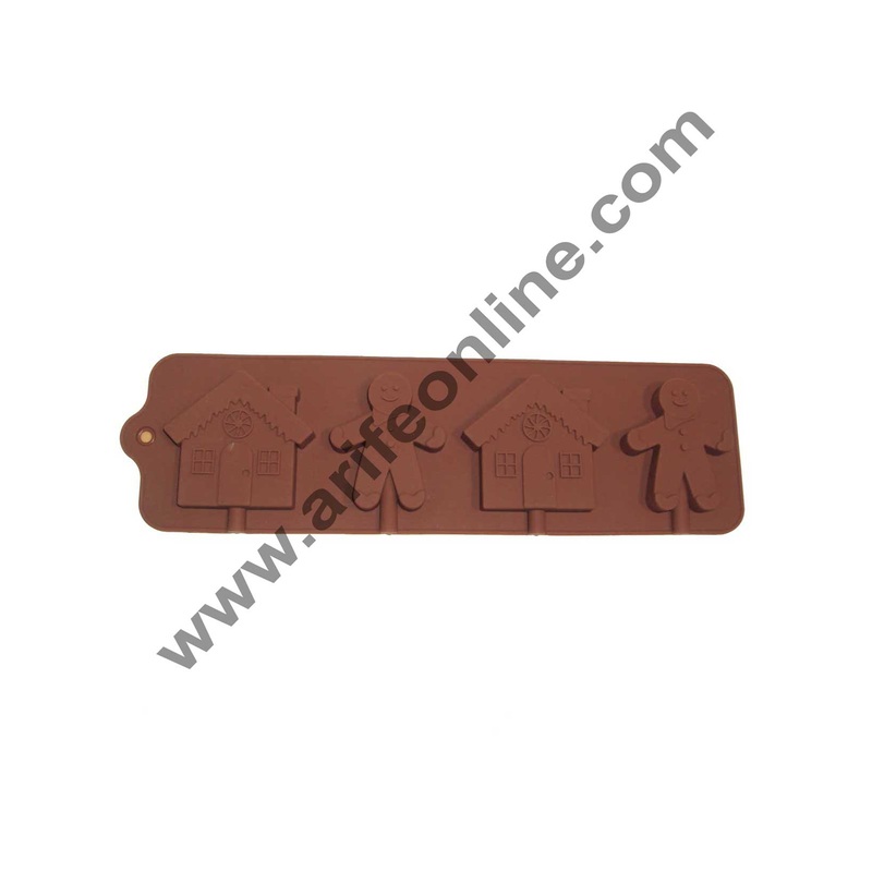 Cake Decor Silicon 4 Cavity Christmas Ginger and Home Brown Chocolate Mould, Ice Mould, Chocolate Decorating Mould