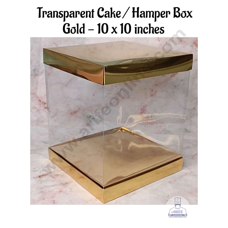 CAKE DECOR Square Gold Transparent Window Cake Box | Gift Box | Hamper Box | Pinata Box - (1 Piece)