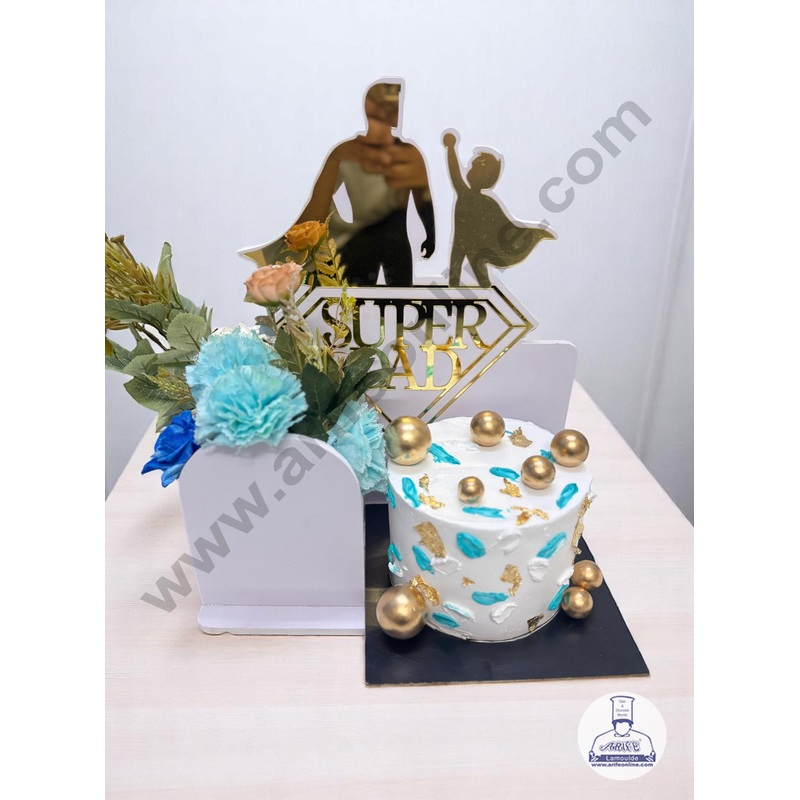 Father's Day Super Dad Gold Acrylic Design Cake and Flower Hamper Stand  - CAKE DECOR