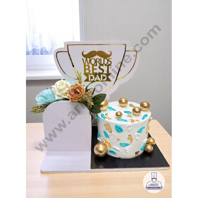 Father's Day Worlds Best Dad Gold Acrylic Design Cake and Flower Hamper Stand  - CAKE DECOR