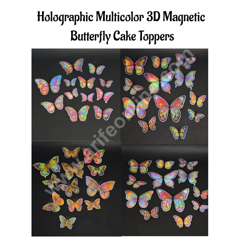 Holographic Multicolor 3D Magnetic Butterfly Cake Toppers |  Hamper Decor  Set of 12 (Assorted Designs)- CAKE DECOR