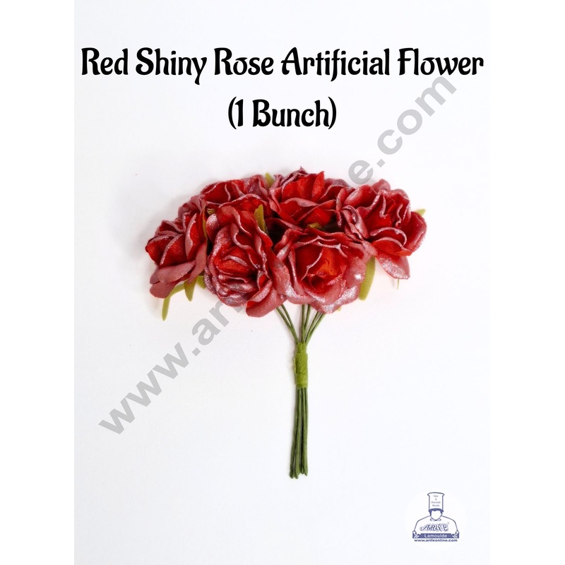 Small Red Shiny Rose Artificial Flower For Cake Decoration  Red ( 1 Bunch ) - CAKE DECOR