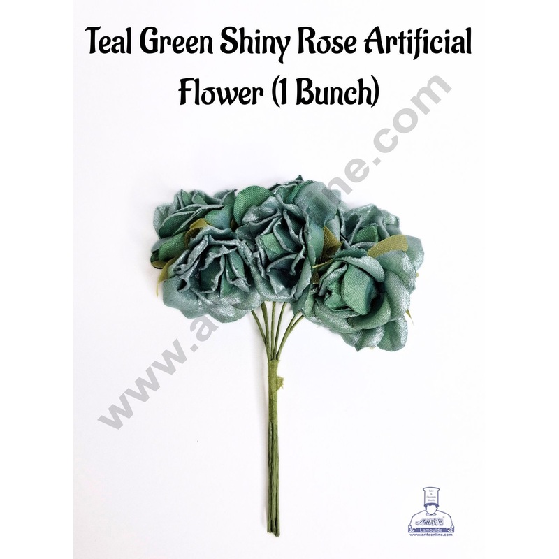 Small Teal Green Shiny Rose Artificial Flower For Cake Decoration  Teal Green ( 1 Bunch ) - CAKE DECOR