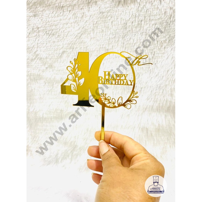 5 inch Acrylic Gold 40th Happy Birthday Floral Theme Design Cake Topper CAKE DECOR