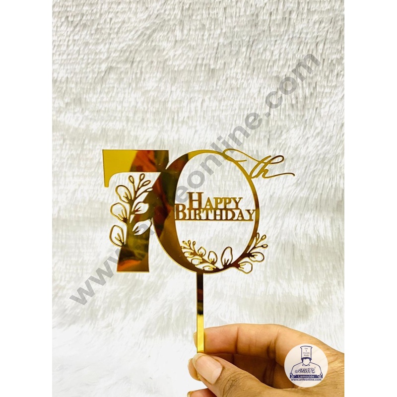5 inch Acrylic Gold 70th Happy Birthday Floral Theme Design Cake Topper CAKE DECOR
