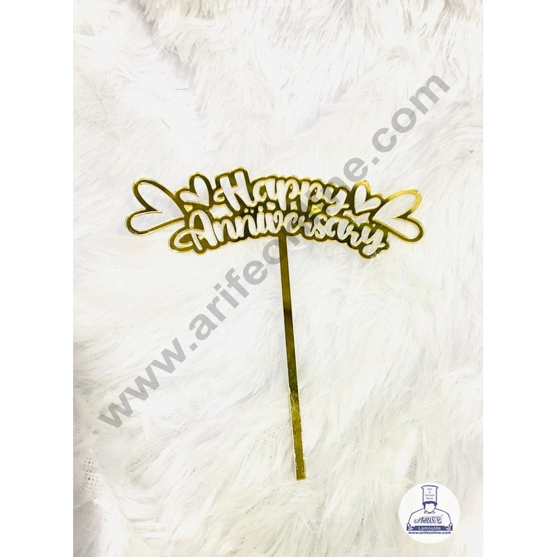5 inch Acrylic Gold Happy Anniversary With Four Heart Design Cake Topper CAKE DECOR