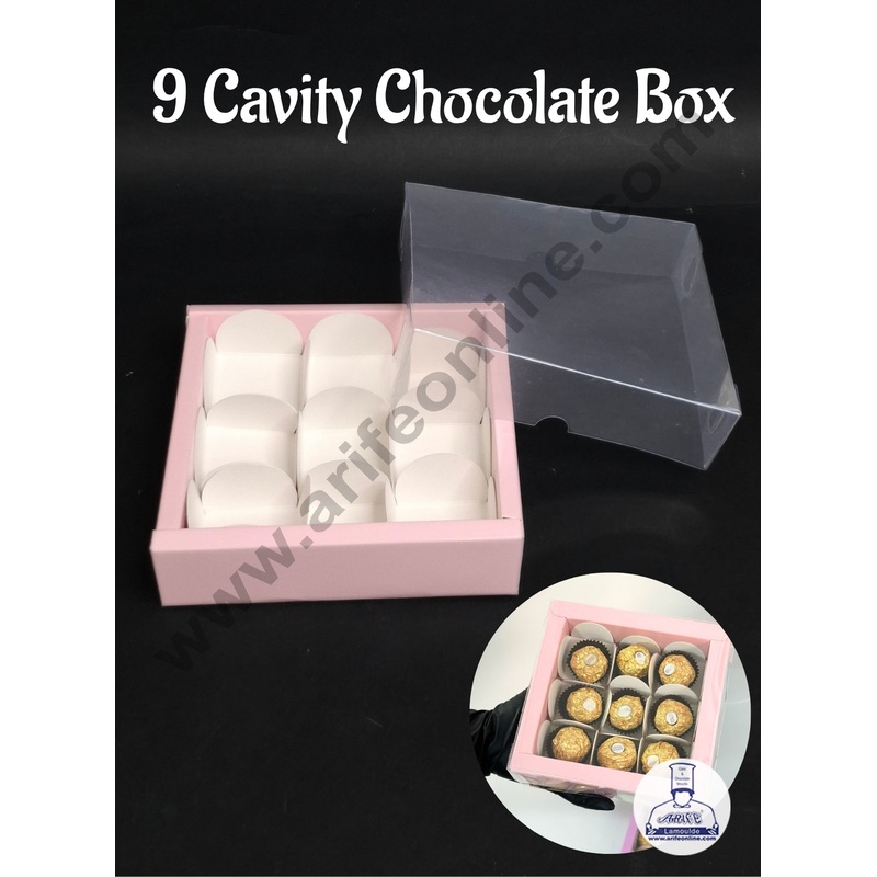 9 Cavity Premium Chocolate Box with Clear Lid | Pink | 1 Piece Pack