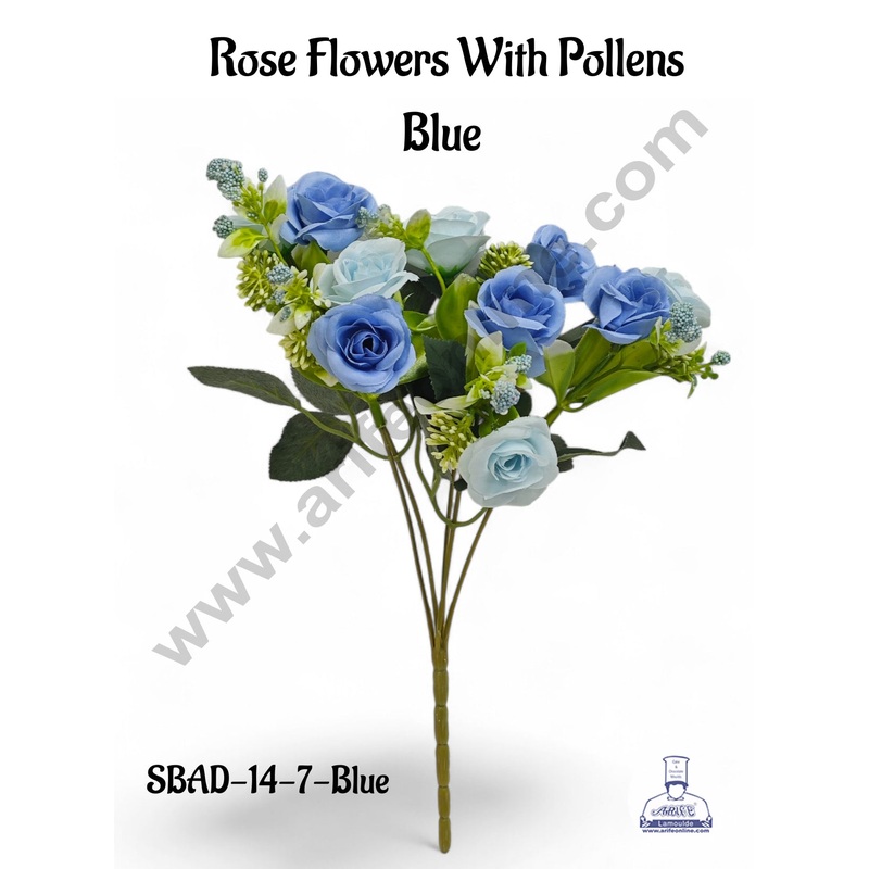 Blue Rose Flower With Pollens Artificial Flower bunch For Cake Decoration  ( 1 Bunch ) Cake Decor