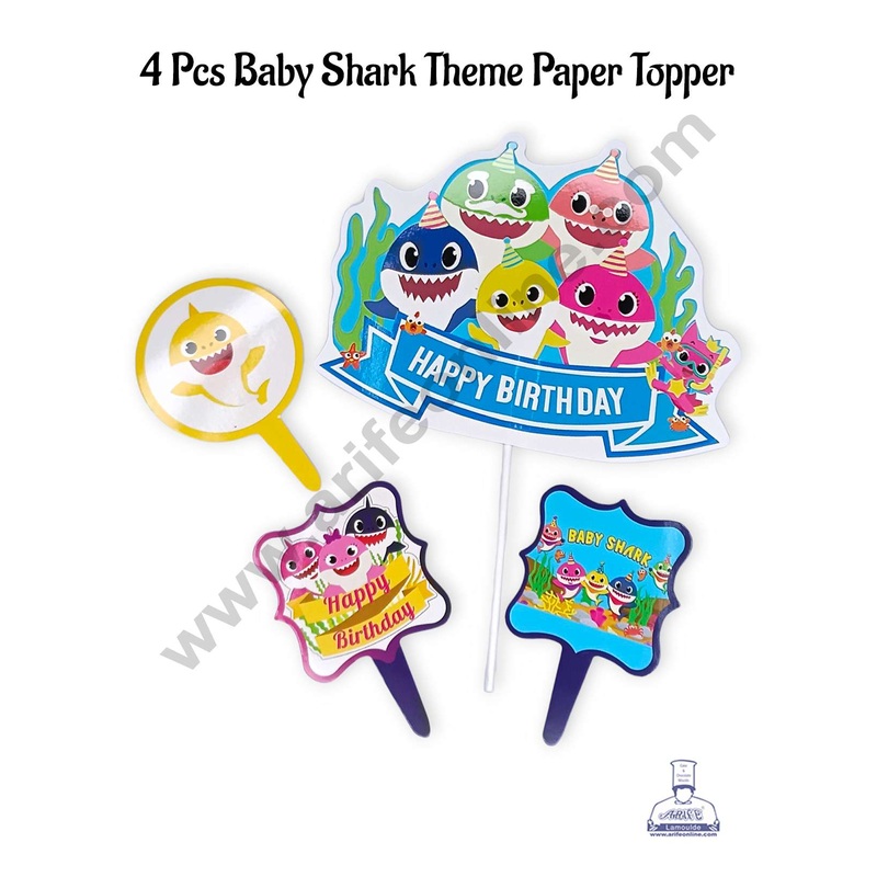 CAKE DECOR 4 Pcs Baby Shark Theme Paper Topper For Cake And Cupcake | Assorted Design (SBMT-PT-178)