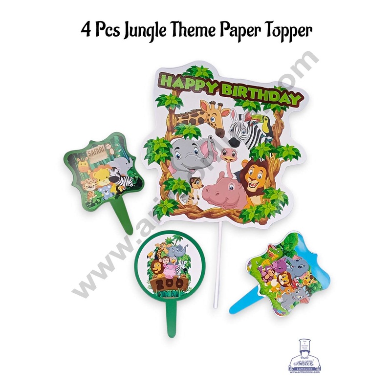 CAKE DECOR 4 Pcs Jungle Theme Paper Topper For Cake And Cupcake | Assorted Design (SBMT-PT-184)