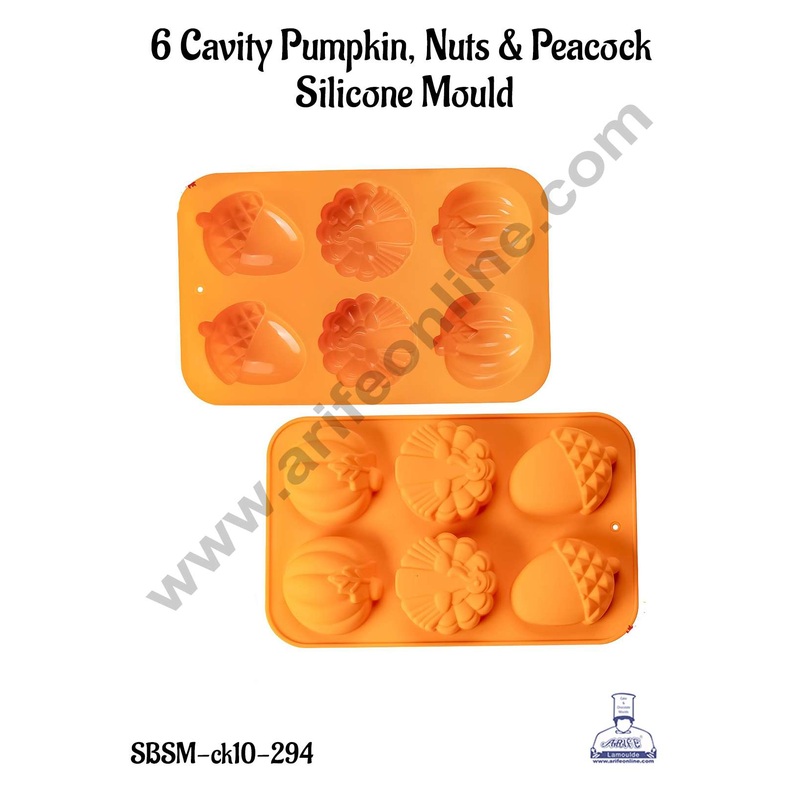 CAKE DECOR 6 Cavity Pumpkin, Nuts & Peacock Shape Silicone Mould | Jelly & Soap Mould | Baking Mould - SBSM-ck10-294