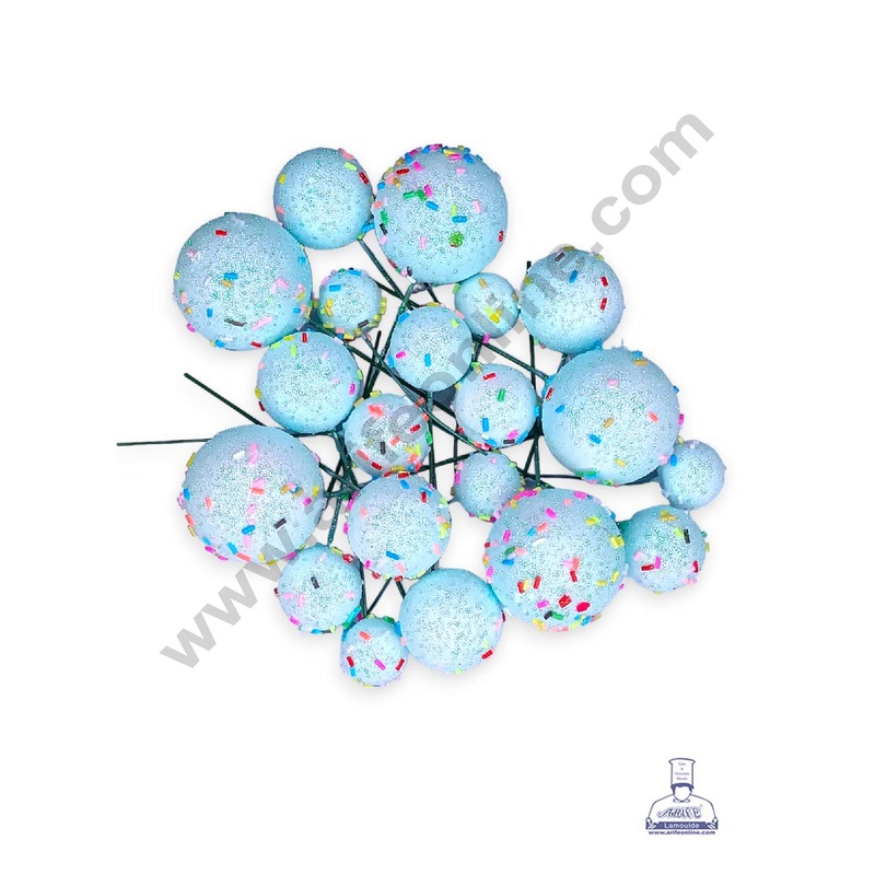 CAKE DECOR Glitter Light Blue with Sprinkles Faux Balls Topper For Cake and Cupcake Decoration - ( 20 pcs Pack )