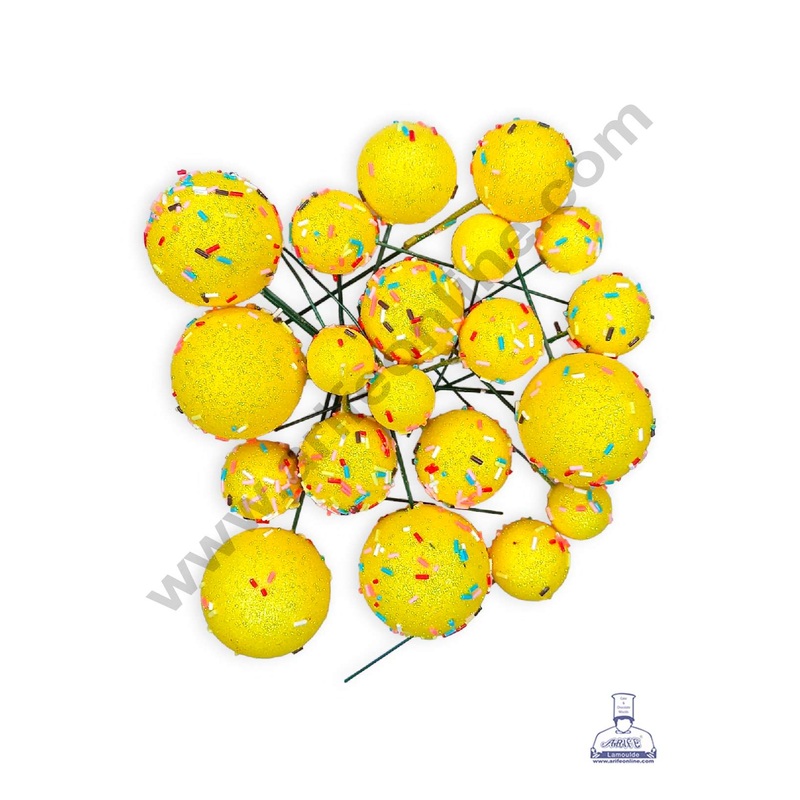 CAKE DECOR Glitter Yellow with Sprinkles Faux Balls Topper For Cake and Cupcake Decoration - ( 20 pcs Pack )