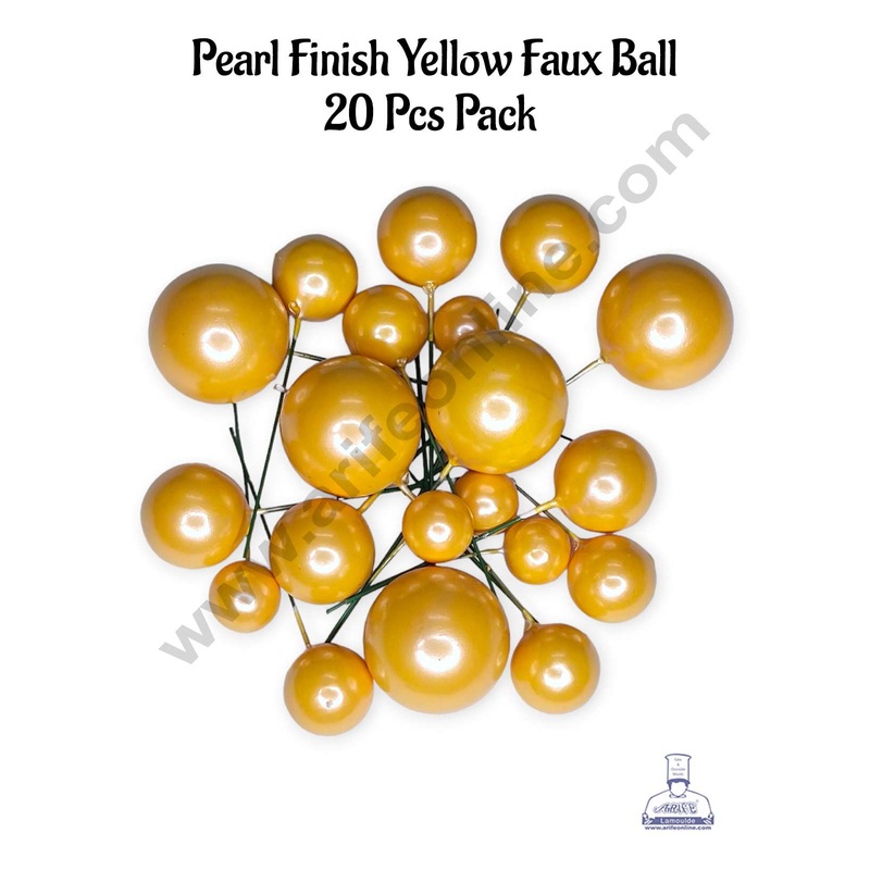 CAKE DECOR Pearl Finish Yellow Faux Balls Topper For Cake and Cupcake Decoration - (20 Pcs Pack)