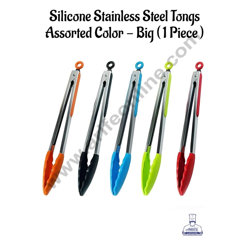 CAKE DECOR Silicone Stainless Steel Tongs | Locking Tong | Kitchen Tool | Assorted Color - Big