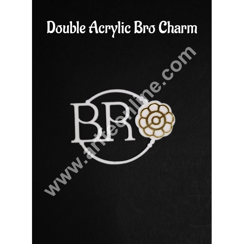 Double Acrylic Bro Charm with Gold Finish | Gold & White Acrylic Rakhi Topper CAKE DECOR