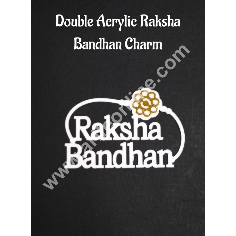 Double Acrylic Raksha Bandhan Charm with Gold Finish | Gold & White Acrylic Rakhi Topper CAKE DECOR