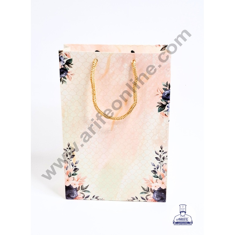 Floral Print Peach Gift Bag | Hamper Carry Bag (1 Piece) - CAKE DECOR