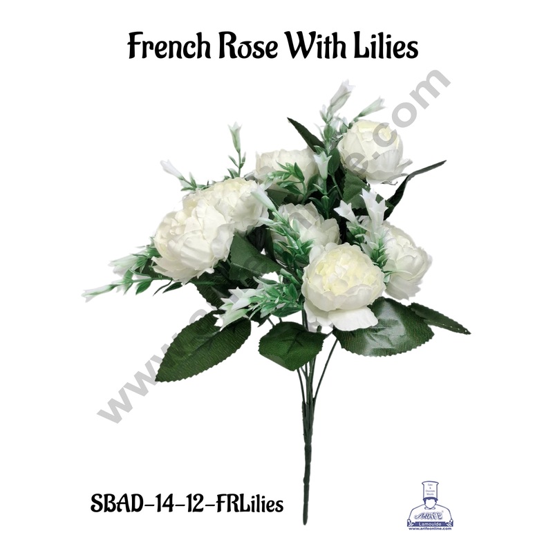 French Rose With Lilies Artificial Flower bunch For Cake Decoration  ( 1 Bunch ) Cake Decor