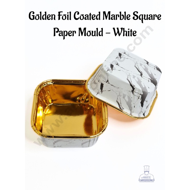 Golden Foil Coated Marble Square Direct Bake-able Paper Mould - White(50 Pcs) Cake Decor