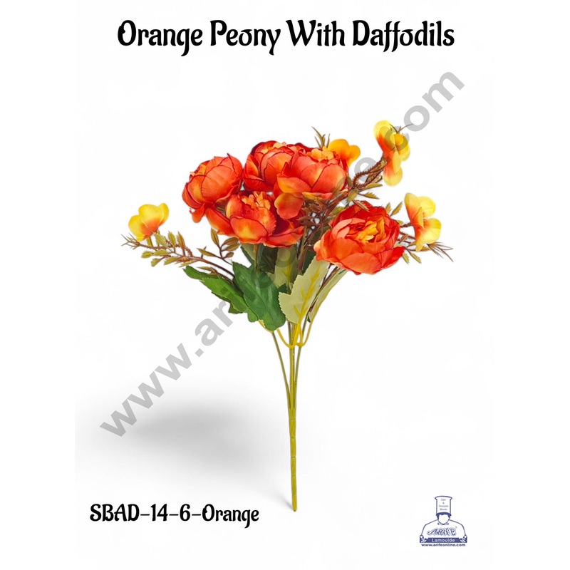 Orange Peony With Daffodils Artificial Flower bunch For Cake Decoration  ( 1 Bunch ) Cake Decor
