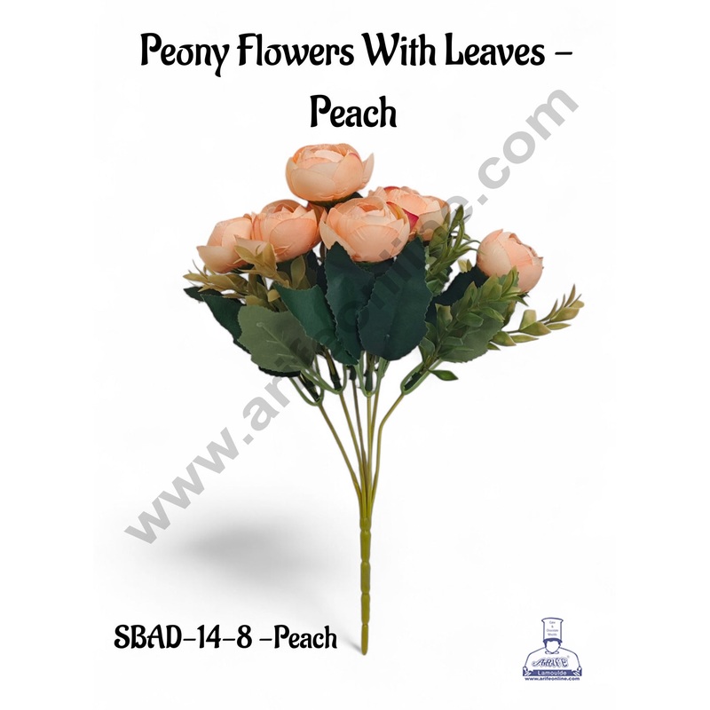 Peach Peony Flowers With Leaves Artificial Flower bunch For Cake Decoration  ( 1 Bunch ) Cake Decor