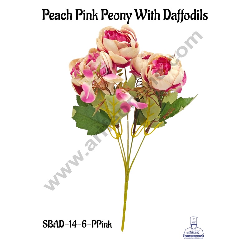 Peach Pink Peony With Daffodils Artificial Flower bunch For Cake Decoration  ( 1 Bunch ) Cake Decor