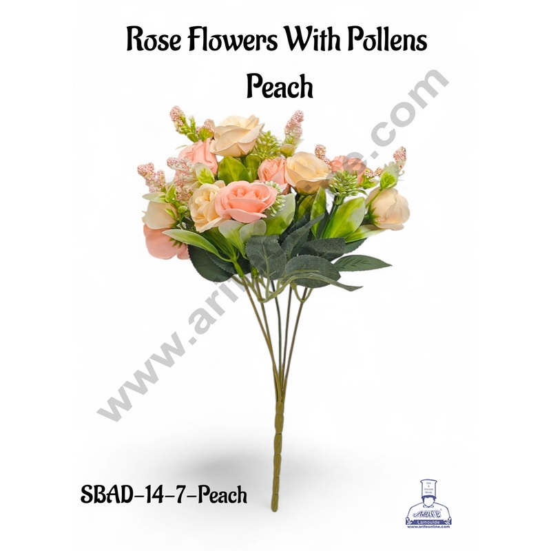 Peach Rose Flower With Pollens Artificial Flower bunch For Cake Decoration  ( 1 Bunch ) Cake Decor