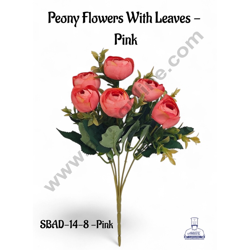 Pink Peony Flowers With Leaves Artificial Flower bunch For Cake Decoration  ( 1 Bunch ) Cake Decor