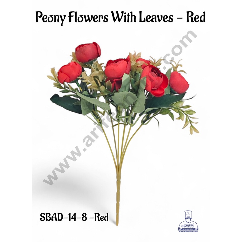 Red Peony Flowers With Leaves Artificial Flower bunch For Cake Decoration  ( 1 Bunch ) Cake Decor