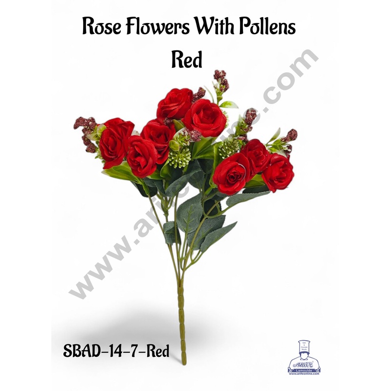 Red Rose Flower With Pollens Artificial Flower bunch For Cake Decoration  ( 1 Bunch ) Cake Decor