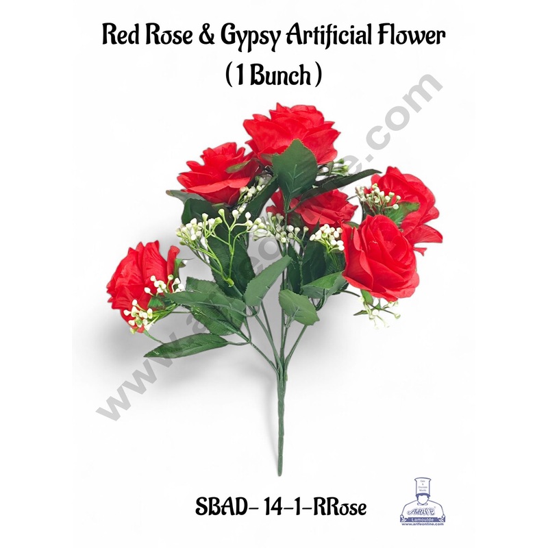 Red Rose & Gypsy Artificial Flower bunch For Cake Decoration  ( 1 Bunch ) Cake Decor