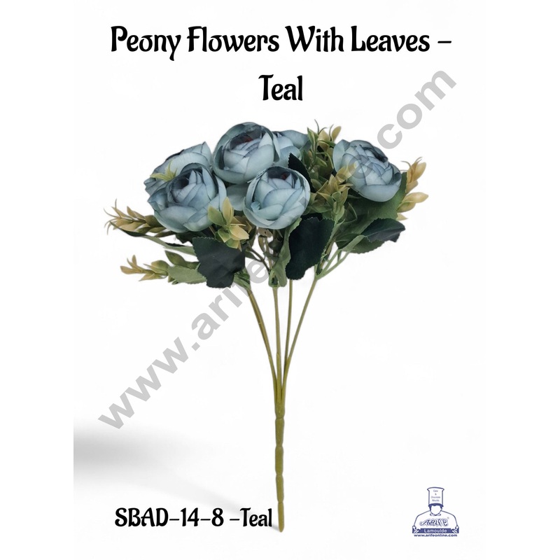 Teal Peony Flowers With Leaves Artificial Flower bunch For Cake Decoration  ( 1 Bunch ) Cake Decor