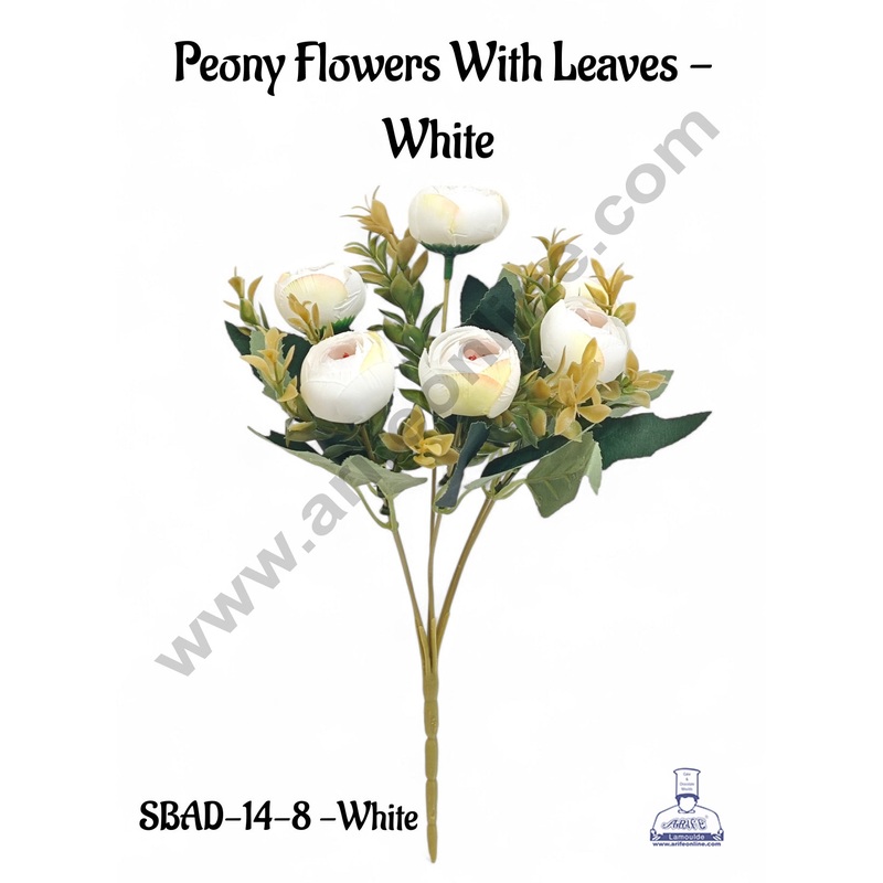White Peony Flowers With Leaves Artificial Flower bunch For Cake Decoration  ( 1 Bunch ) Cake Decor