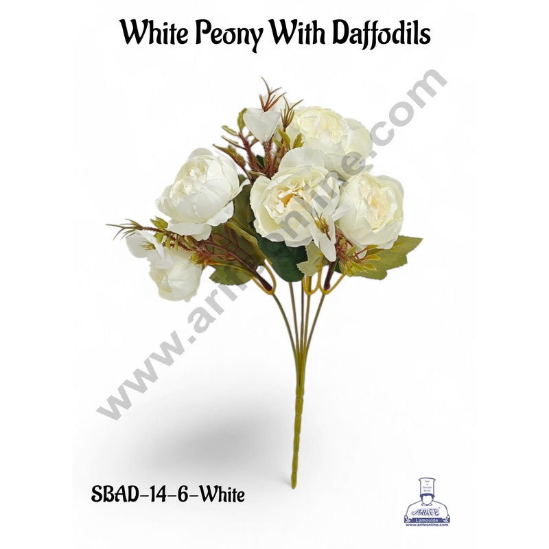 White Peony With Daffodils Artificial Flower bunch For Cake Decoration  ( 1 Bunch ) Cake Decor