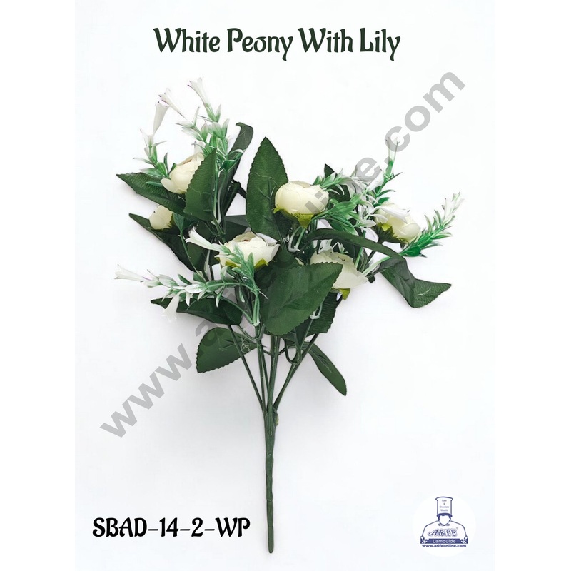 White Peony With Lily Artificial Flower bunch For Cake Decoration  ( 1 Bunch ) Cake Decor