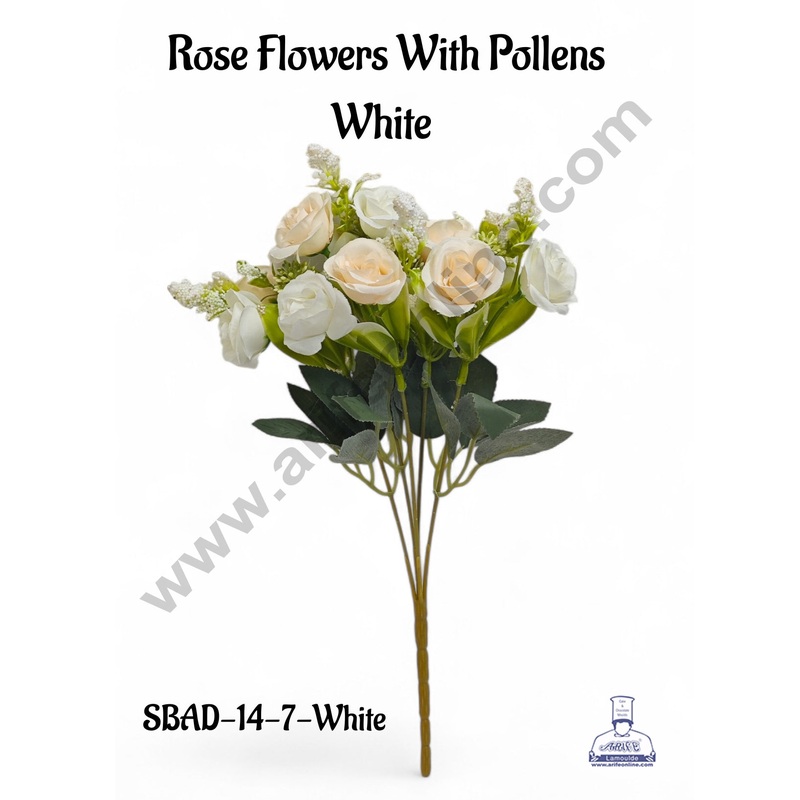 White Rose Flower With Pollens Artificial Flower bunch For Cake Decoration  ( 1 Bunch ) Cake Decor