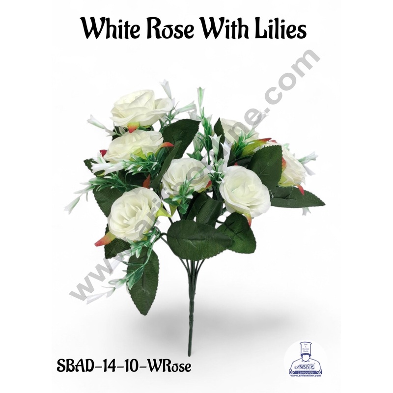 White Rose With Lilies Artificial Flower bunch For Cake Decoration  ( 1 Bunch ) Cake Decor