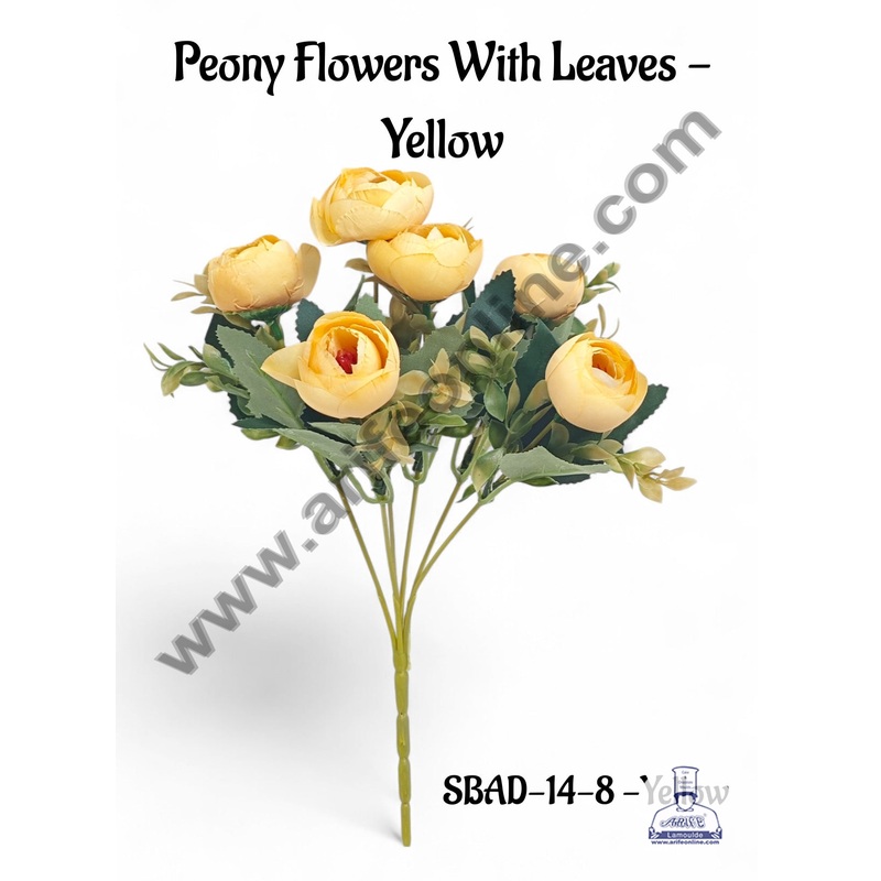Yellow Peony Flowers With Leaves Artificial Flower bunch For Cake Decoration  ( 1 Bunch ) Cake Decor