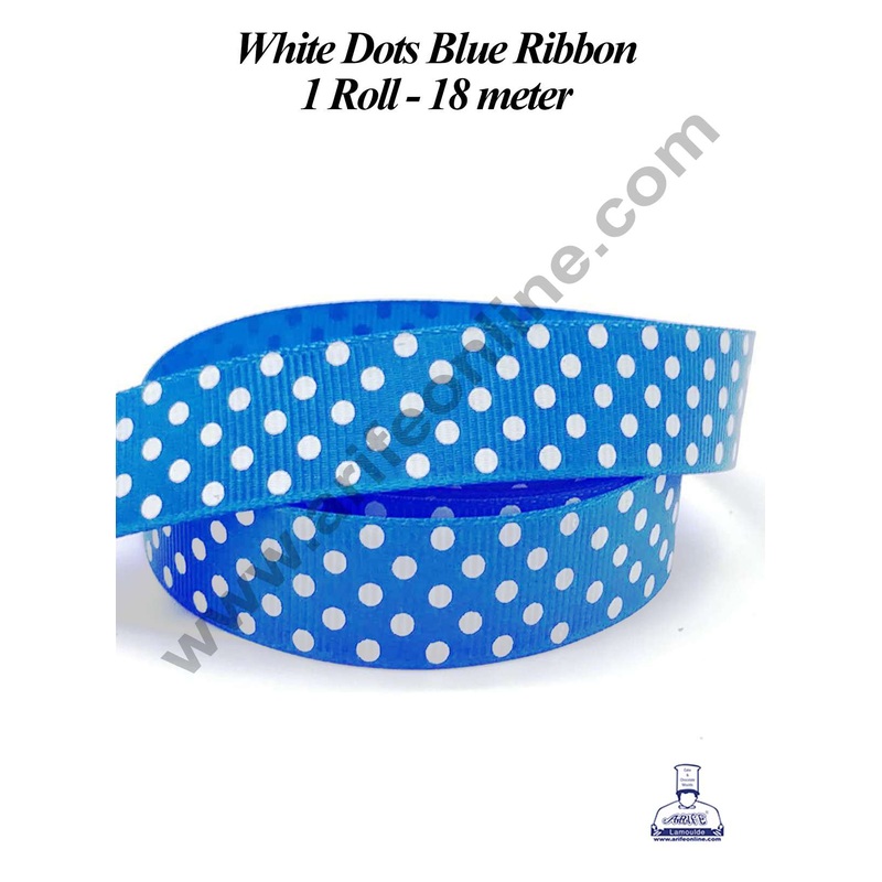 CAKE DECOR 1 Roll White Dots Blue Ribbon | Gift Wrapping | Decoration (SBR-PR-024)