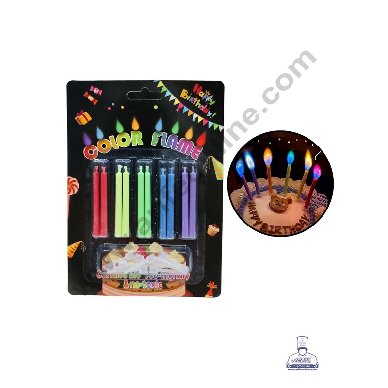 CAKE DECOR 10 Pcs Color Flame Candles with Stand for Cake & Cupcake Decoration
