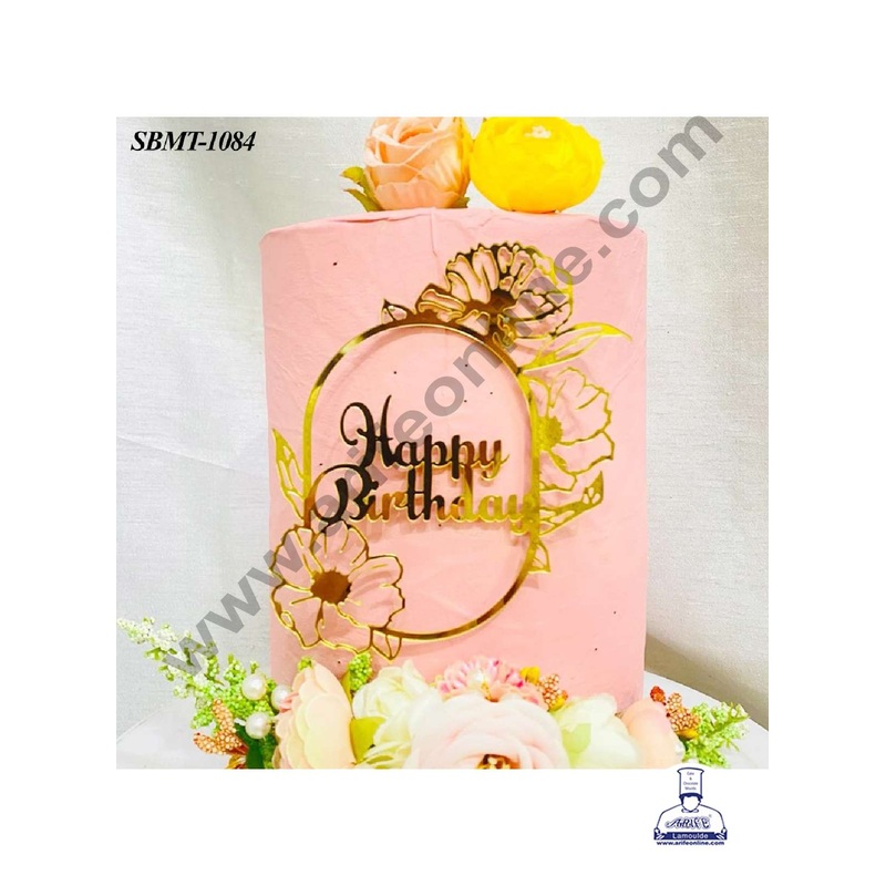 CAKE DECOR 5 inch Acrylic Happy Birthday in Flower Frame Cake topper (SBMT-1084)