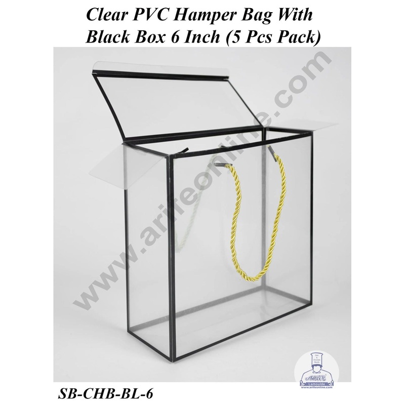 CAKE DECOR 6 Inch Clear PVC Hamper Bag with Black Border | Gift Box | Gift Bag with Handle (5 Pcs Pack)