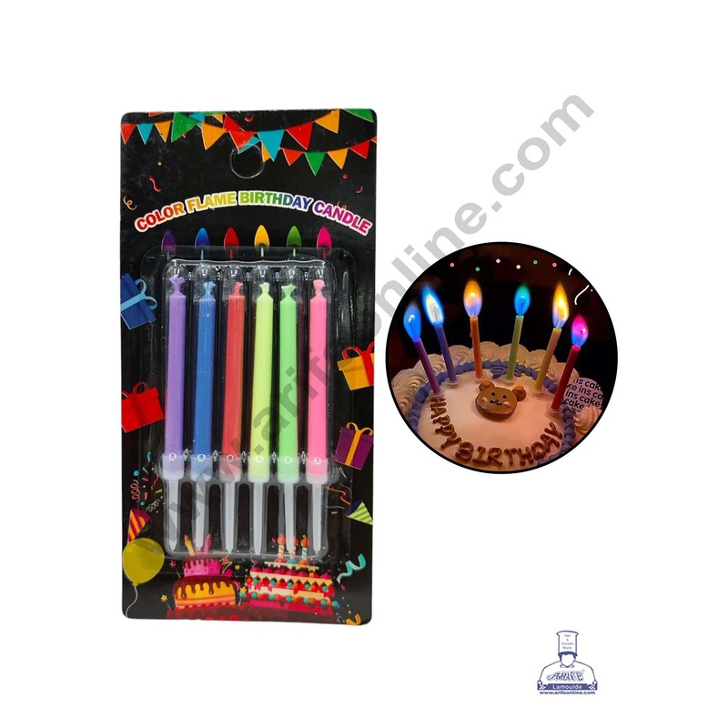 CAKE DECOR 6 Pcs Color Flame Candles with Stand for Cake & Cupcake Decoration